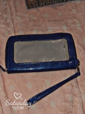 Blue Glitter Wristlet Wallet with Clear ID Window